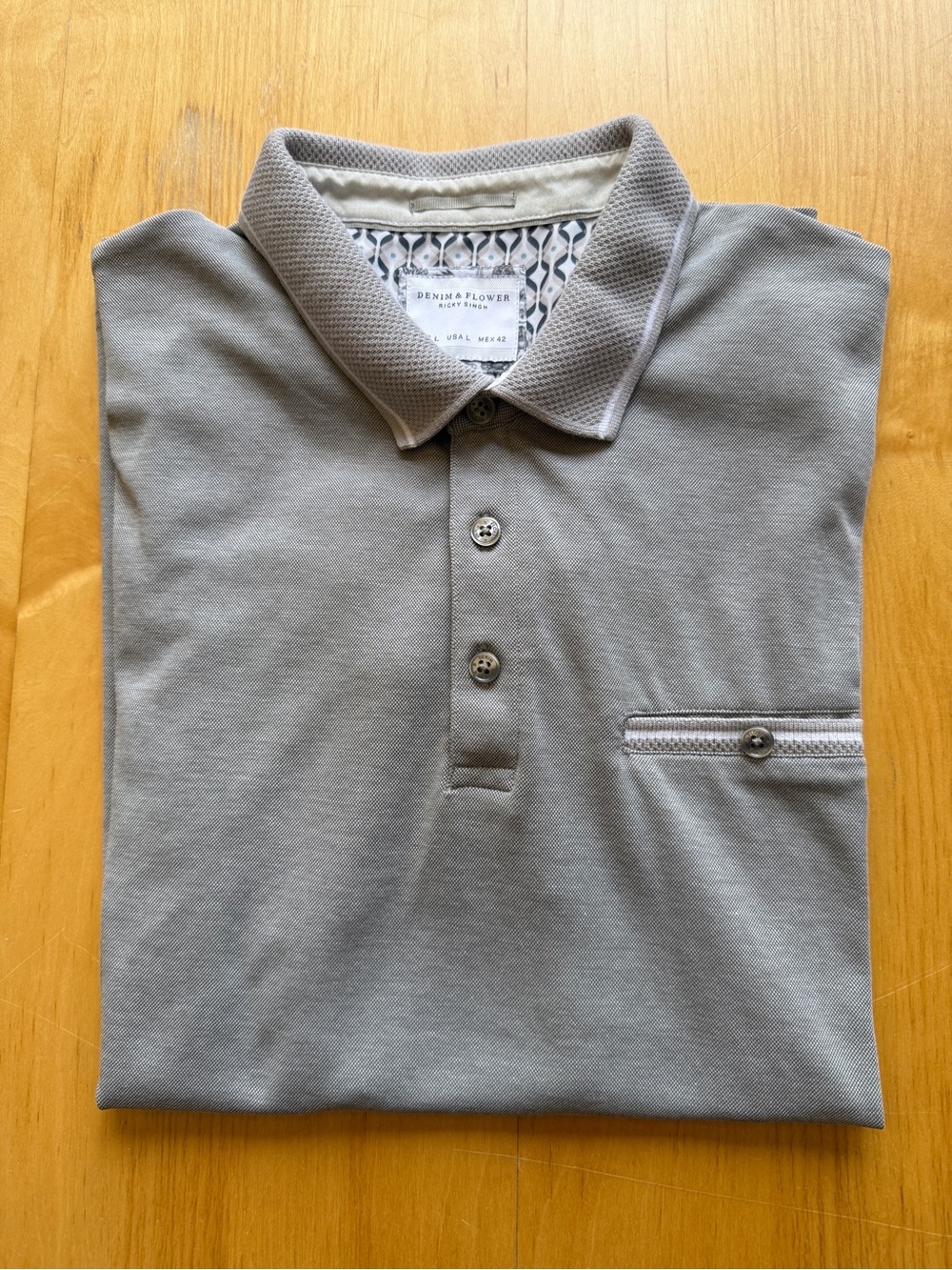 Denim & Flower Men's Grey Short-Sleeve Polo with Buttoned Chest Pocket